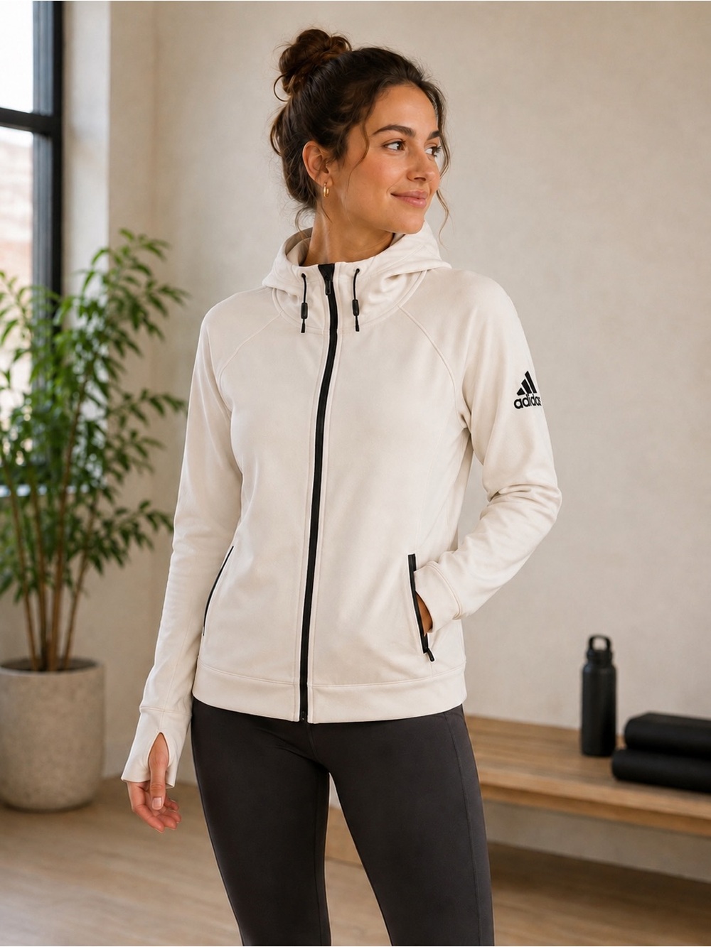 Adidas Women's Cream & Black Full-Zip Hooded Jacket